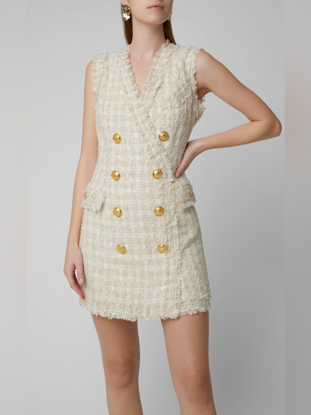 Balmain Cream Tweed Zip-up Sleeveless Mini Dress